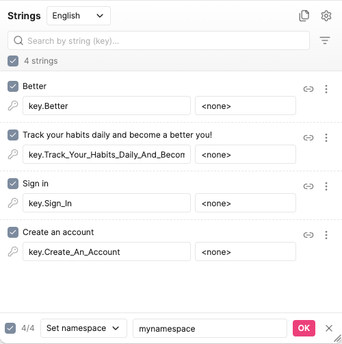 Setting a namespace on a whole selection, typing a name the project does not have yet and choosing to create it