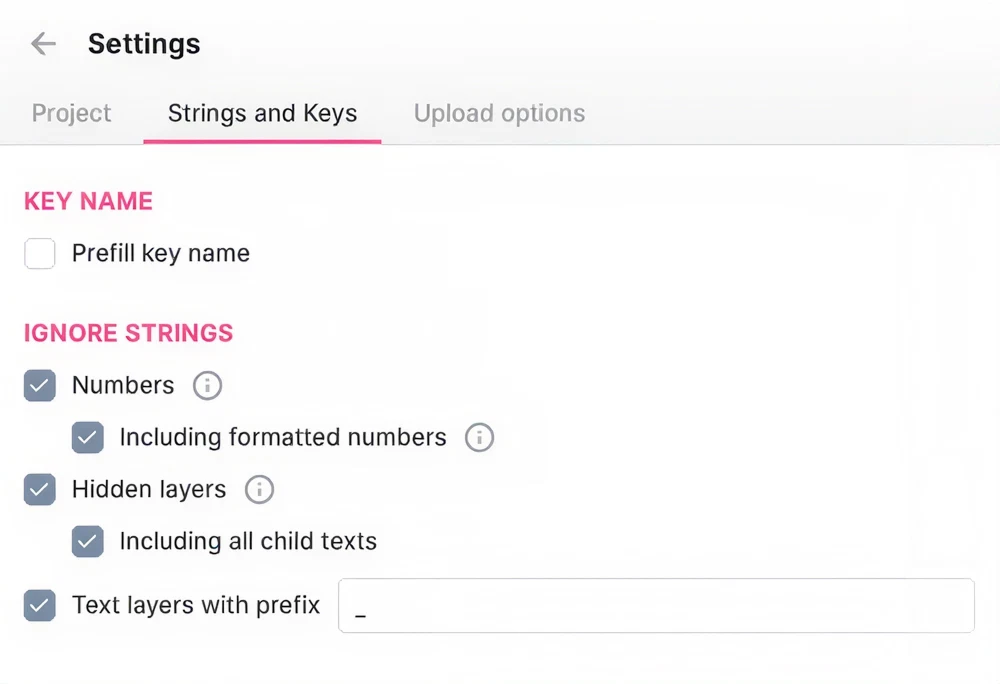 The Ignore Strings settings, with numbers, hidden layers and prefixed text layers all ticked, each with its extra option, and an underscore set as the prefix