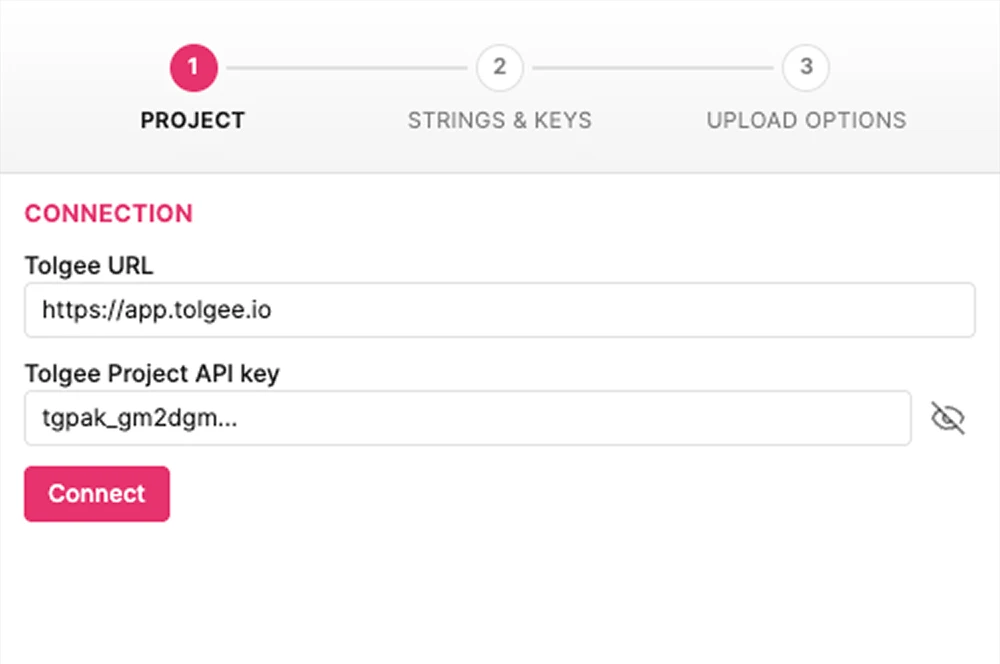 The Project step of the first run, with fields for the Tolgee URL and the project API key, and a Connect button