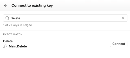 Searching Tolgee for a key by its text, with an exact match listed first and a Connect button beside it