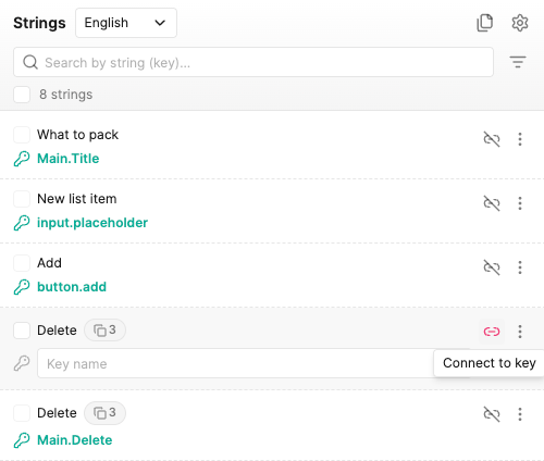 Hovering the link icon on an unconnected string's row, which opens the screen for connecting it to a key