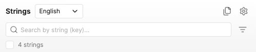 The plugin header, with the language selector set to English on the left and the page copy and settings buttons on the right, above the search field and a count of four strings