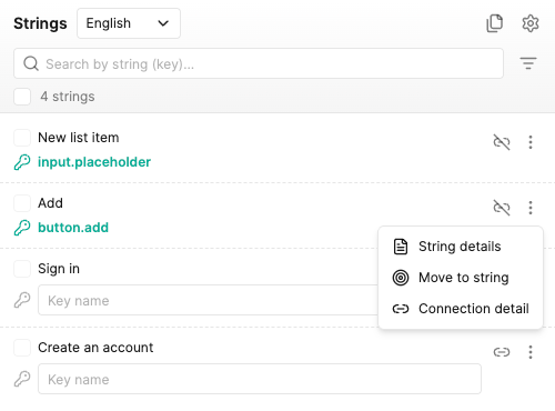 The row menu on a connected string, offering String details, Move to string and Connection detail